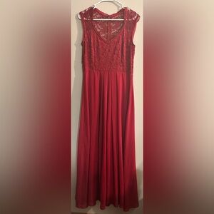 Miusol Women Size Large Maxi Dress Red Lace Bodice Vintage Style Gown Cap Sleeve